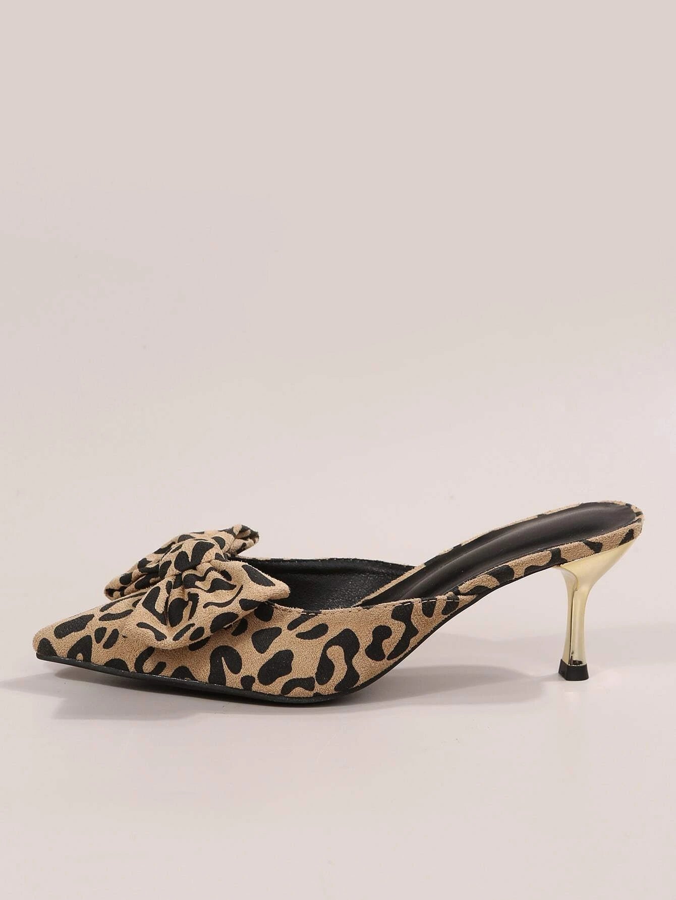 2024 Early Autumn New Pointed Toe Thin Heel Leopard Print Bow Decor Mid-Heel Mule Sandals, European & American Fashion Valentines