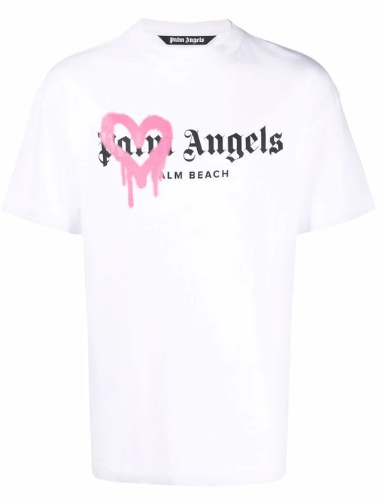 Palm Angels Pink Heart Palm Beach Sprayed T-Shirt in White