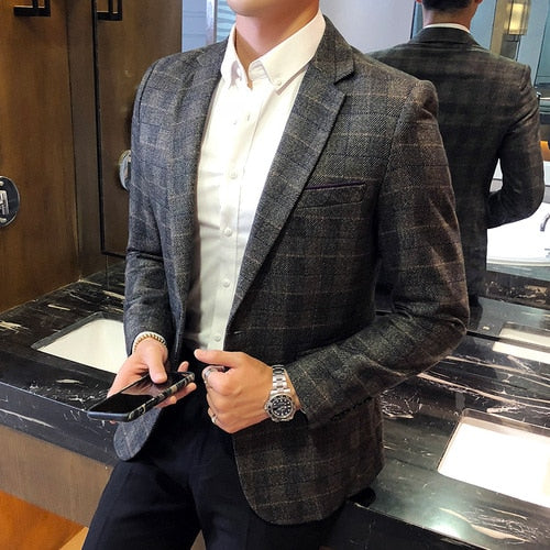British's Style Vintage Plaid Blazer Men Casual Slim Fit Suit Jacket Single Button Business Social Blazer Plus Size M-5XL Hombre