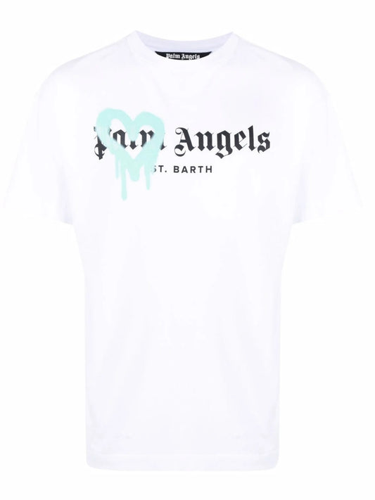 Palm Angels Saint Barth Blue Heart Sprayed Printed T-Shirt in White